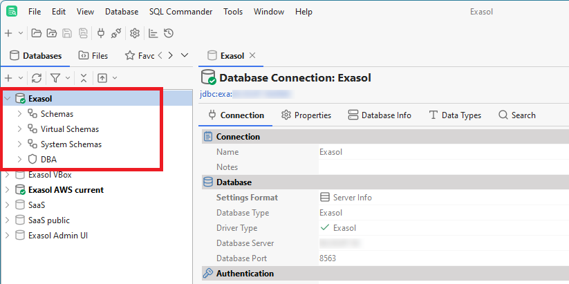Exasol database in list of databases